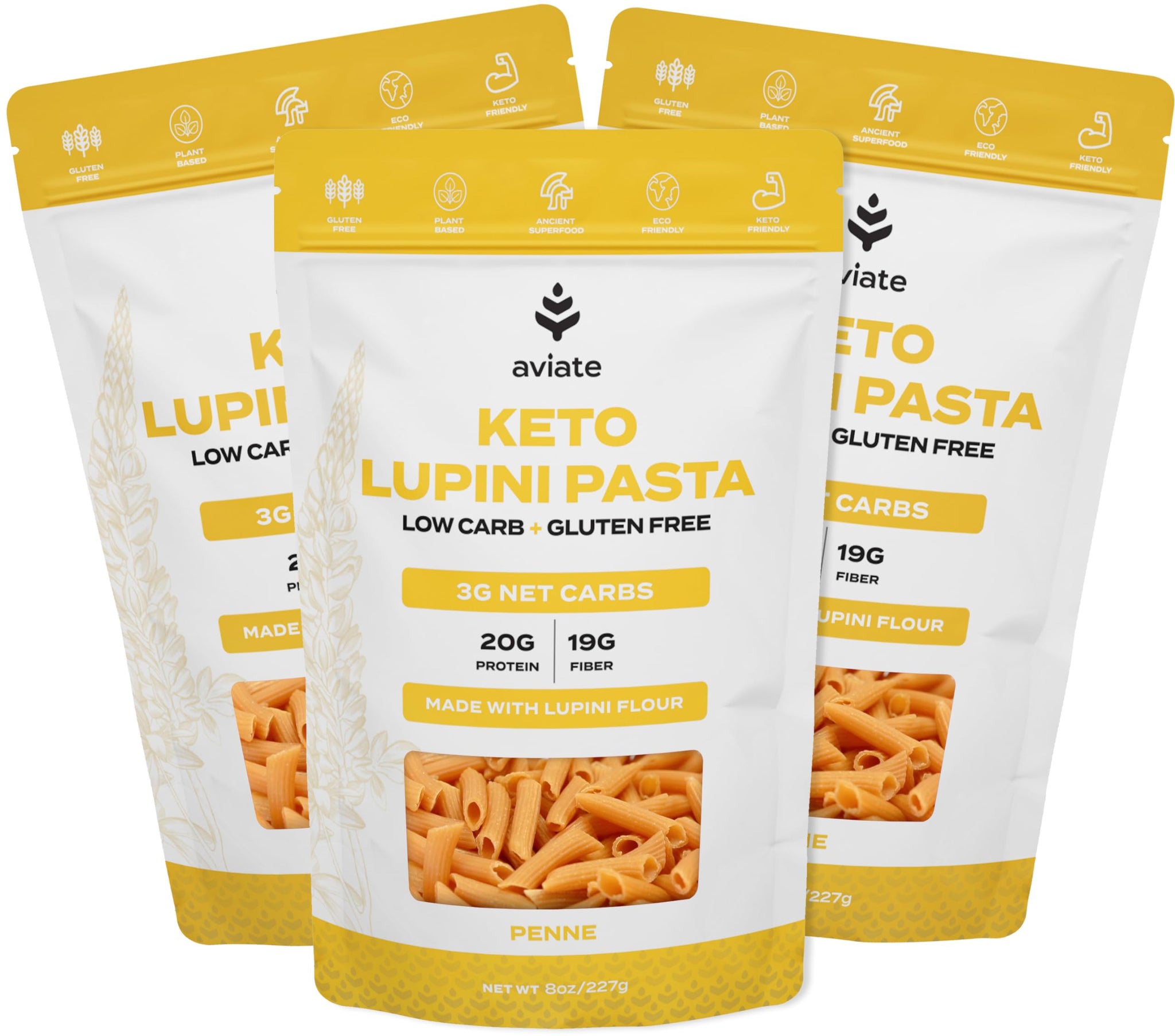 Aviate Keto Pasta Penne - Low Carb (3g Net) Lupini Penne Pasta - High Protein (20g) - Gluten-Free - Made with Lupin Flour [Plant Based Vegan]
