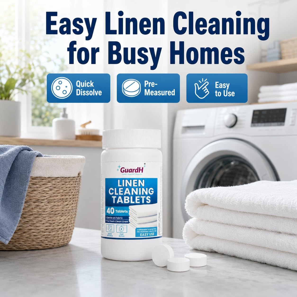 GuardH Linen Cleaning Tablets - 40 Count | Fast Dissolving, Gentle on Fabric | Removes Tough Stains & Odors | Easy-to-Use Laundry Booster