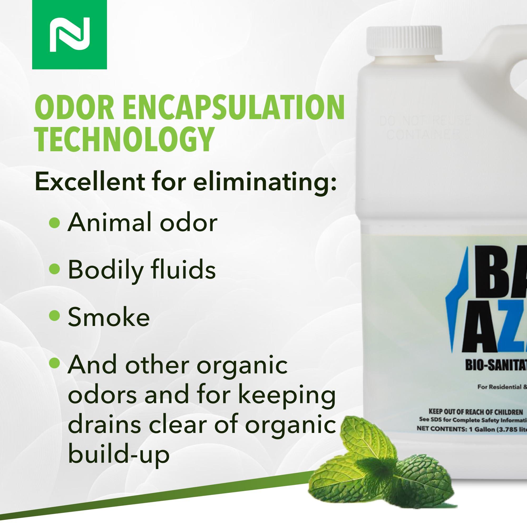 Nisus Bac-Azap Odor Eliminator, Ready-to-Use Bio-Sanitization Liquid, Neutralizes Organic Waste Odors, Safe for Plumbing, 1 Gallon