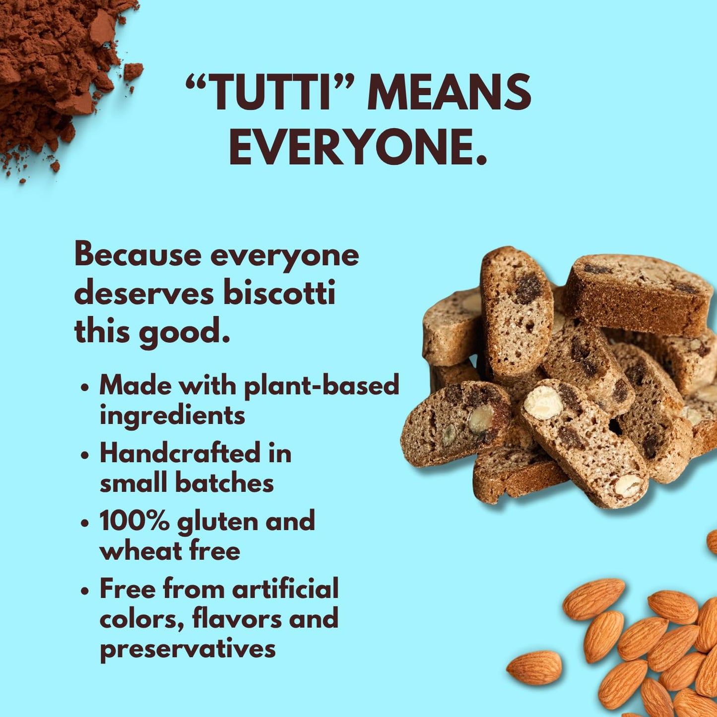 Tutti Gourmet Gluten Free Chocolate, Almond & Cinnamon Biscotti, 9.9 oz (283g) Resealable Cookie Bag - Vegan and Halal Snacks