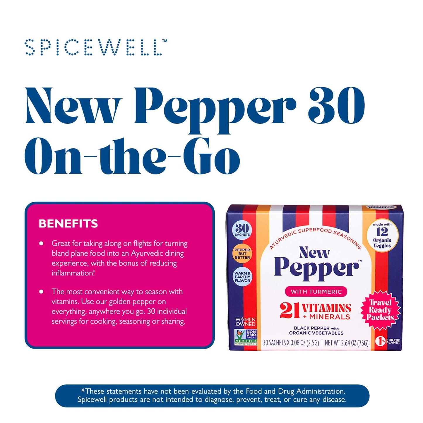 Spicewell - New Pepper in Travel Ready Packets - Ayurvedic Black Pepper with Turmeric, 21 Plant-Based Vitamins and Minerals - Fine Ground, 30 Count