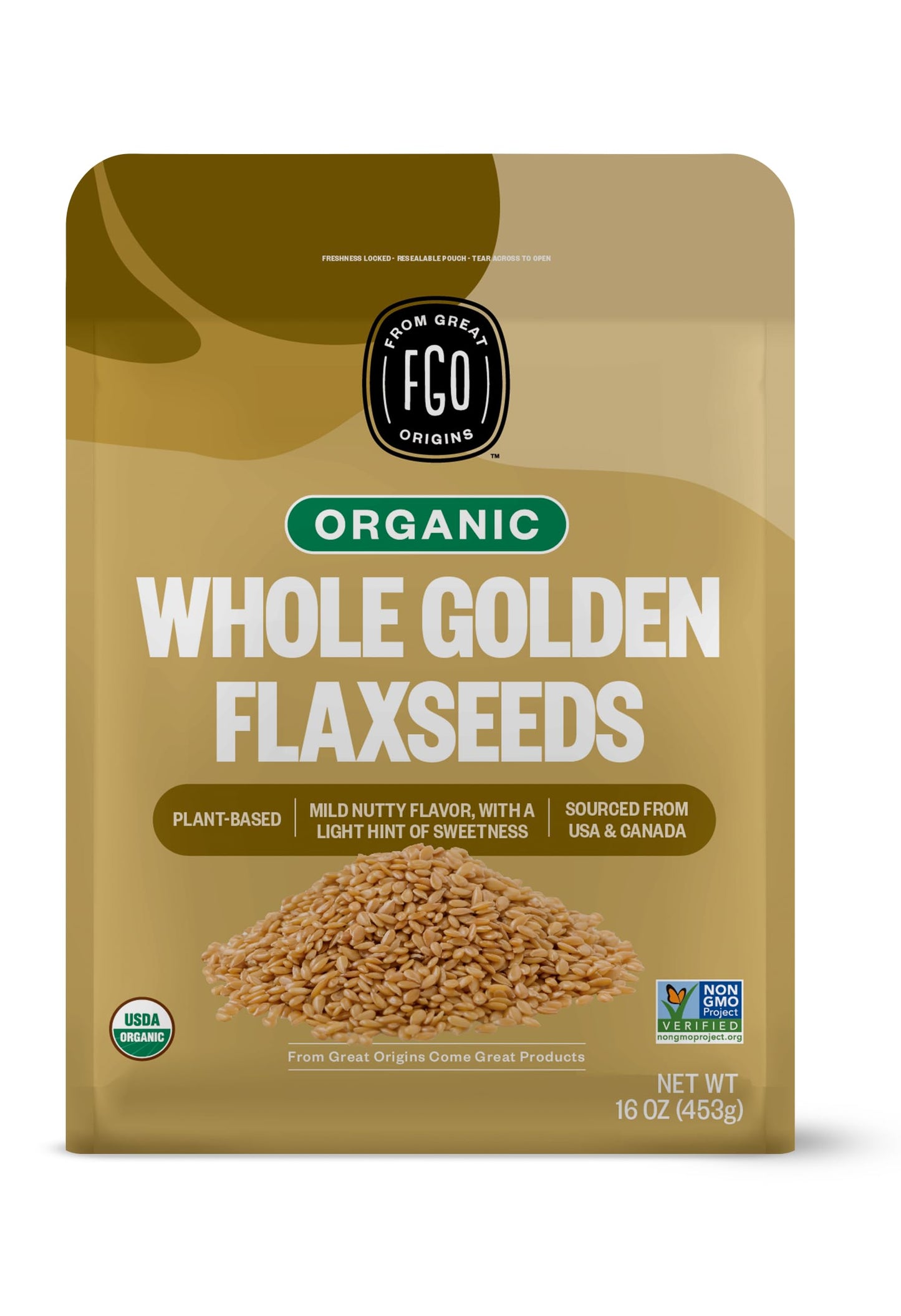 FGO Organic Whole Golden Flax Seeds, 1 Pound / 16oz Resealable Pouch, For Baking, Cooking & Smoothies, Sproutable, Grown in USA & Canada (Pack of 1)