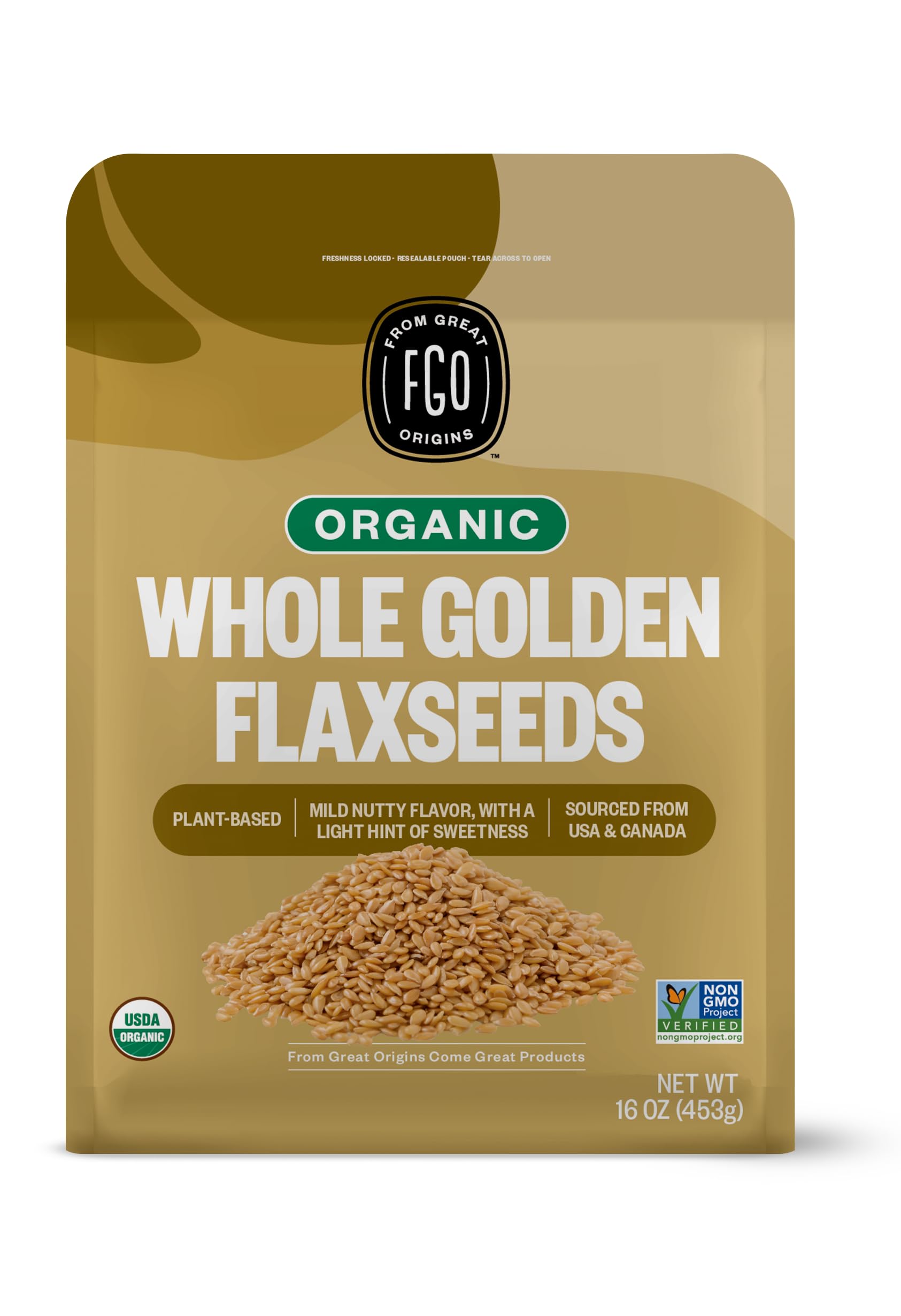 FGO Organic Whole Golden Flax Seeds, 1 Pound / 16oz Resealable Pouch, For Baking, Cooking & Smoothies, Sproutable, Grown in USA & Canada (Pack of 1)