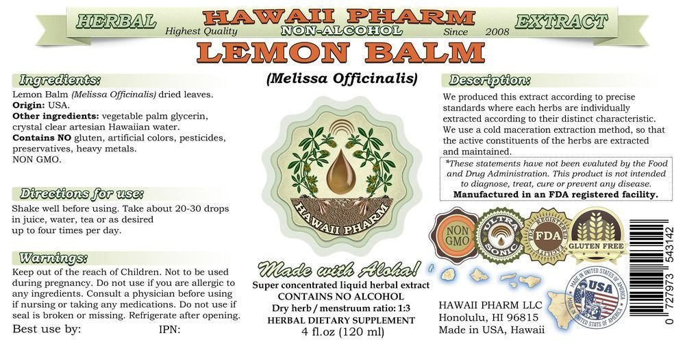Lemon Balm Alcohol-Free Liquid Extract, Lemon Balm (Melissa officinalis) Dried Leaf Glycerite Hawaii Pharm Natural Herbal Supplement 2 oz
