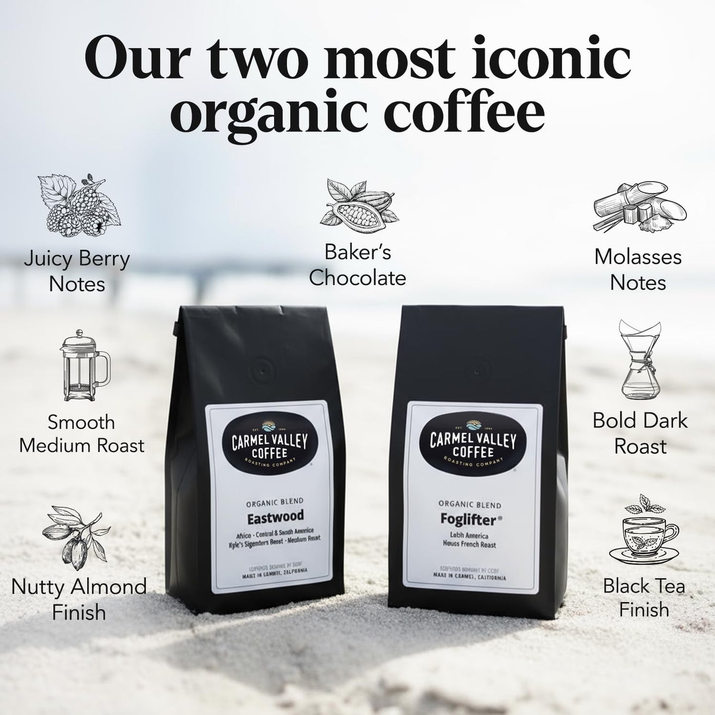 Carmel Valley Coffee Roasting Signature Icons Gift Box, Organic Whole Bean Coffee Gift Set Featuring Foglifter® French Dark Roast & Eastwood Medium