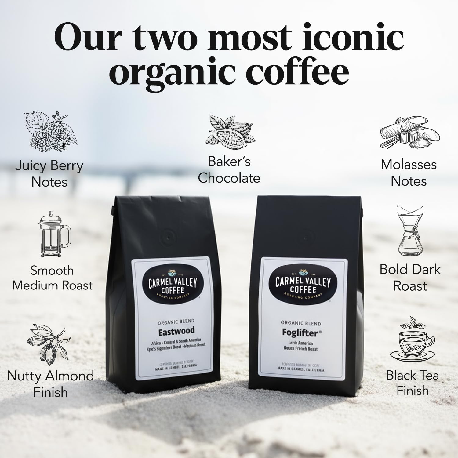Carmel Valley Coffee Roasting Signature Icons Gift Box, Organic Whole Bean Coffee Gift Set Featuring Foglifter® French Dark Roast & Eastwood Medium