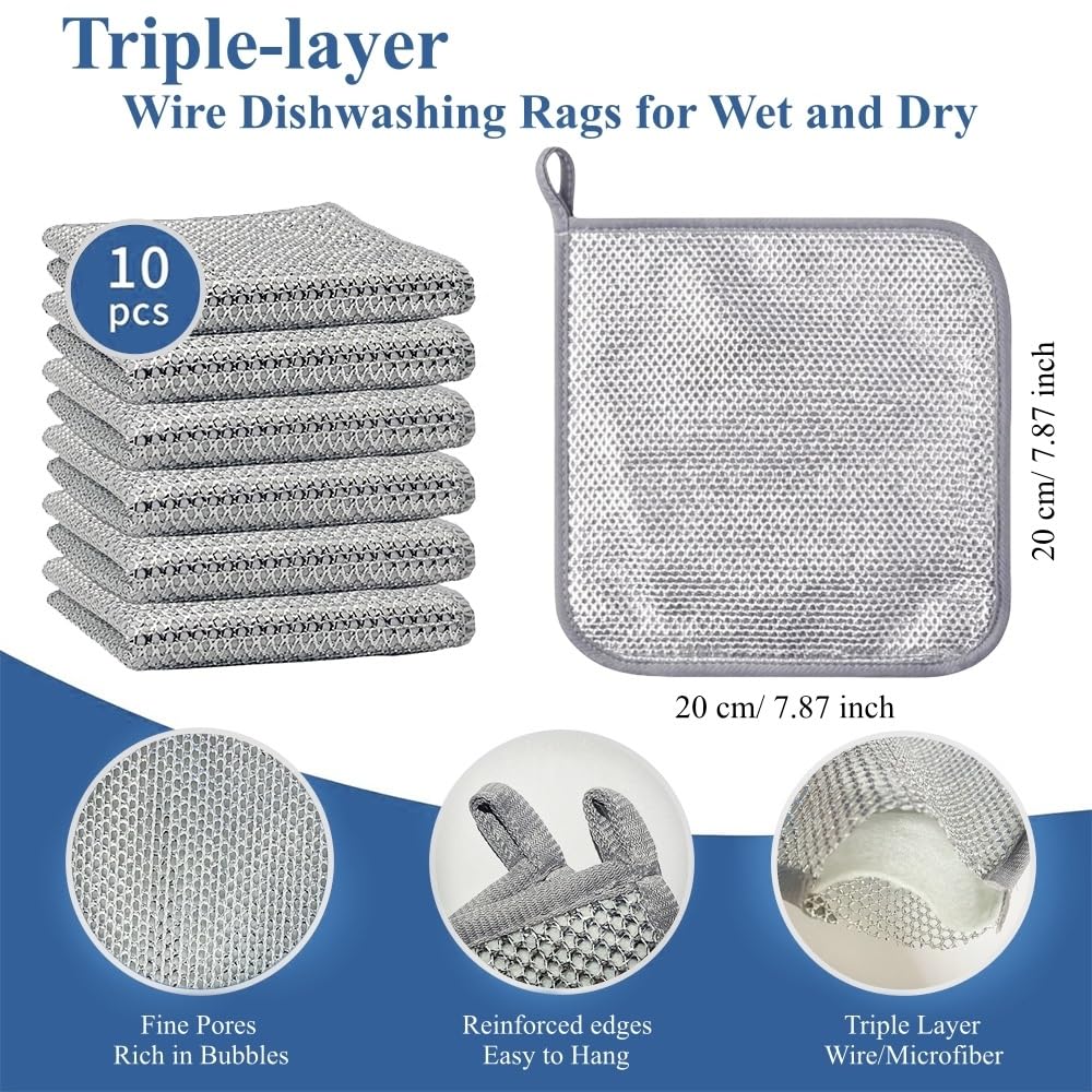 PXIRQ 10-Pack Non Scratch Wire Dishcloths - 7.87"x7.87" Multipurpose Steel Dishwashing Rags for Wet and Dry, Metal Scrubbing Sponge Pads Towels