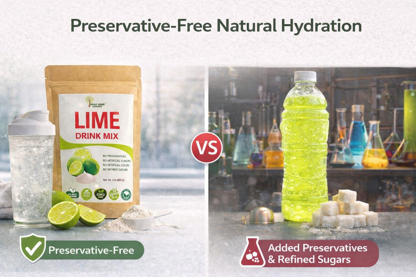 Indus Farms Lime Juice Powder Drink Mix, Unsweetened, Made from Fresh Limes (No Peel), Smooth Mixing, No Preservatives, For Drinks, Cooking, Baking