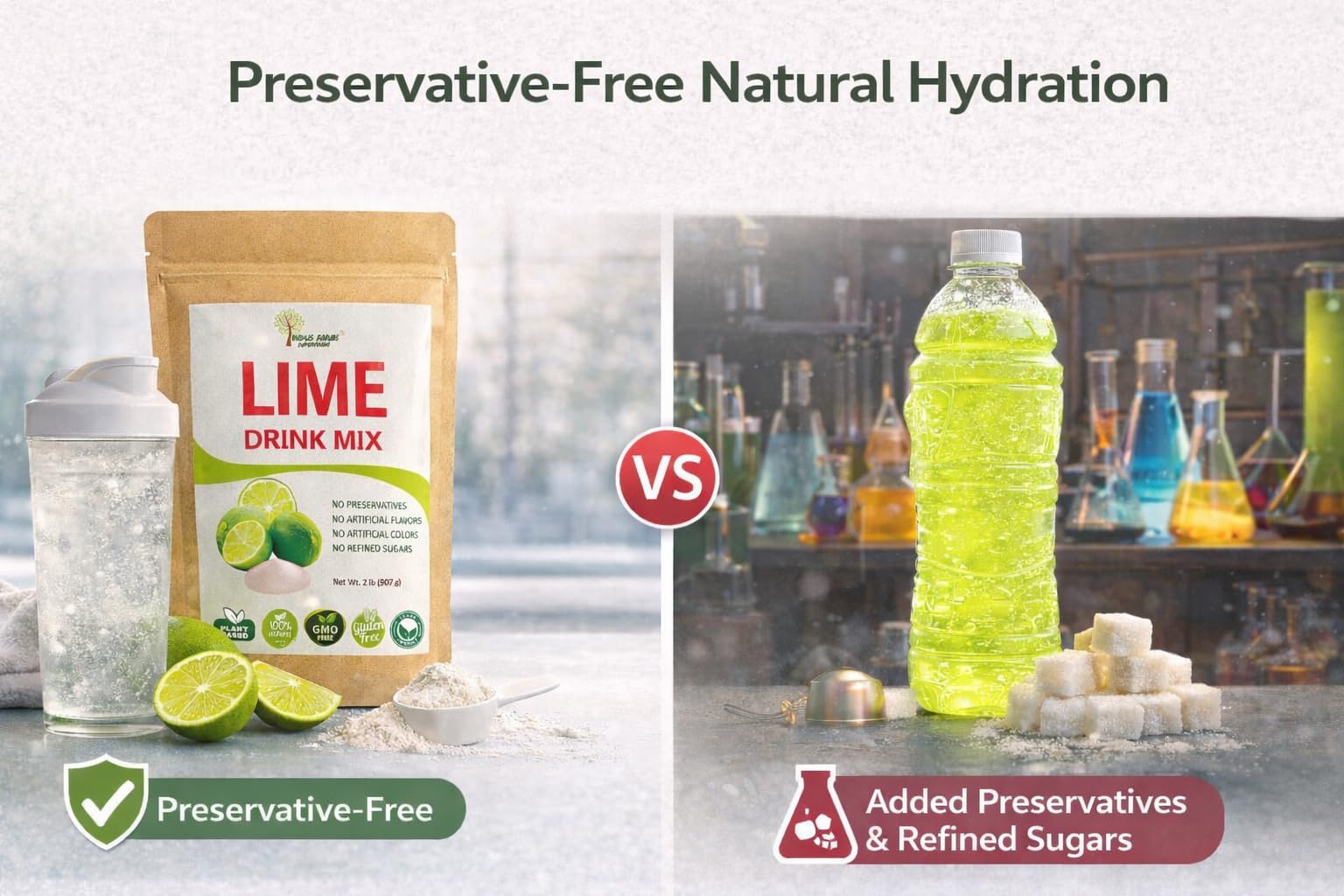 Indus Farms Lime Juice Powder Drink Mix, Unsweetened, Made from Fresh Limes (No Peel), Smooth Mixing, No Preservatives, For Drinks, Cooking, Baking