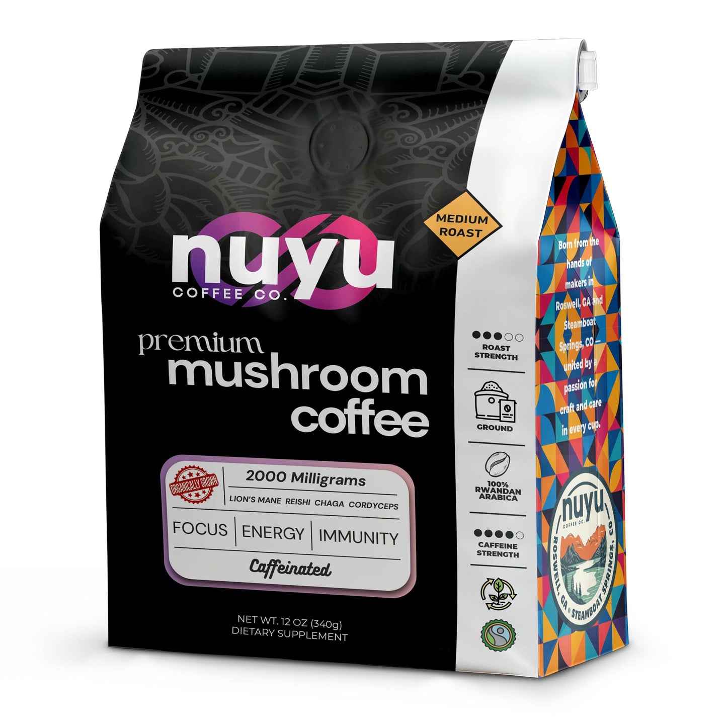 Nuyu Medium Roast Premium Mushroom Coffee, 12 oz, Specialty Ground 100% Arabica, 2000mg Functional Mushrooms, Lion's Mane, Reishi, Chaga, Cordyceps