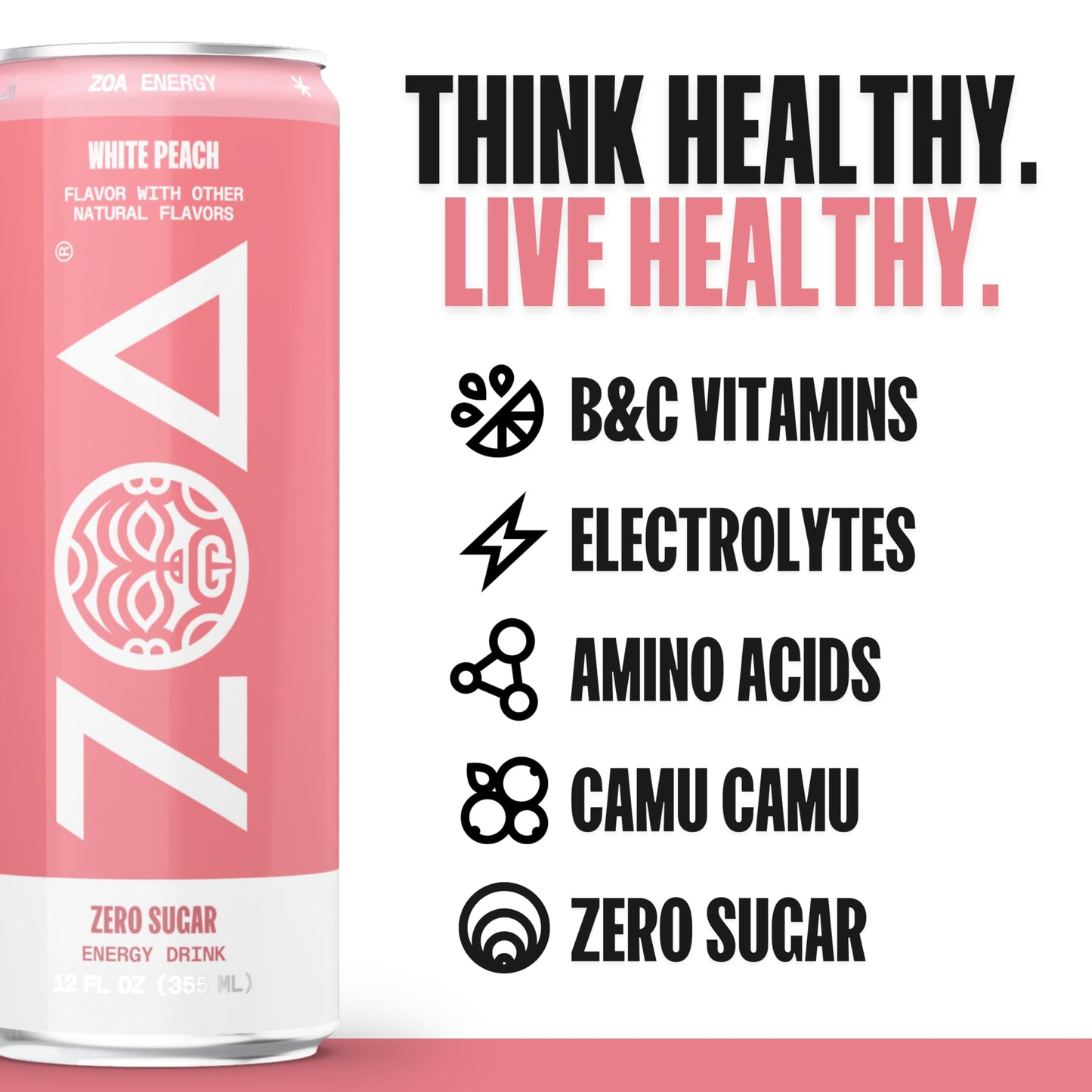 ZOA Zero Sugar Energy Drinks - White Peach | Healthy Energy Formula with Natural Caffeine, Daily Vitamin C, Essential B-Vitamins | Gluten-Free, Keto