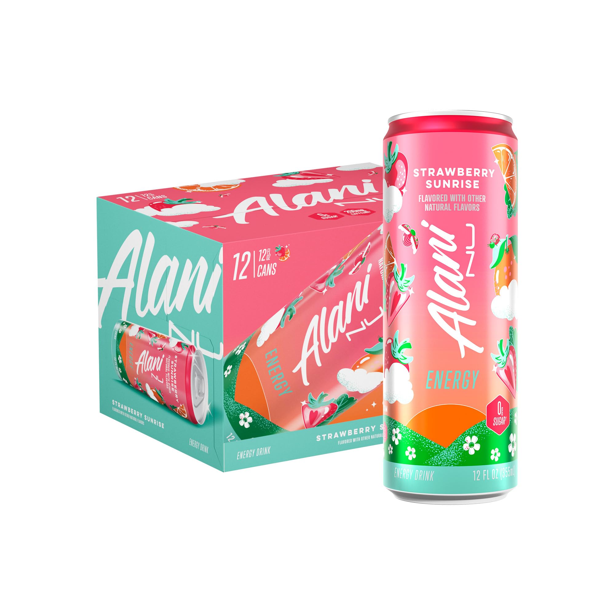Alani Nu STRAWBERRY SUNRISE Sugar Free, Low Calorie Energy Drinks, 200mg Caffeine, Biotin B Vitamins, Zero Sugar, 10 Calories, 12 Fl Oz Cans, 12 Pack