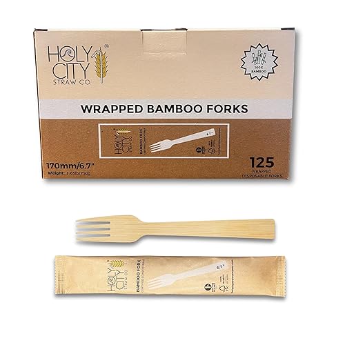Holy City Straw Co. Paper Wrapped Bamboo Forks | 125ct. | 6.7in | Biodegradable Utensils | Compostable & Plastic-Free | Great for Foodservice