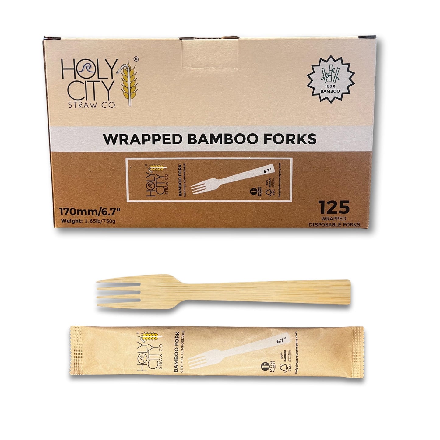 Holy City Straw Co. Paper Wrapped Bamboo Forks | 125ct. | 6.7in | Biodegradable Utensils | Compostable & Plastic-Free | Great for Foodservice