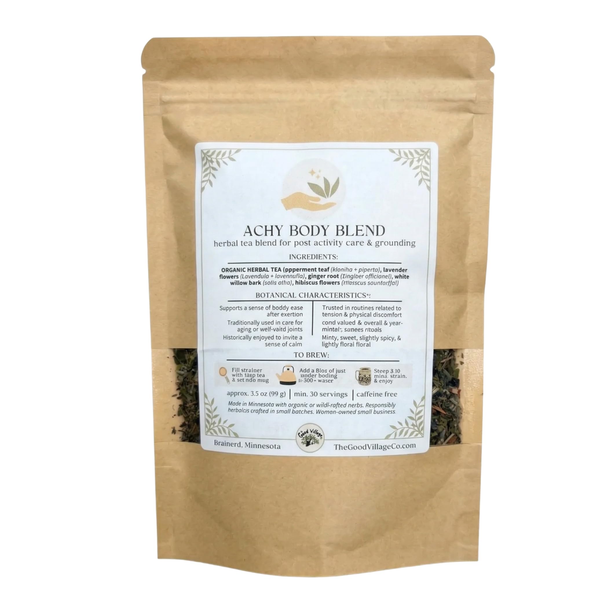 The Good Village Co. Achy Body Blend Loose Leaf Herbal Tea, Caffeine Free Botanical Tea with Peppermint, Lavender, Ginger, White Willow Bark