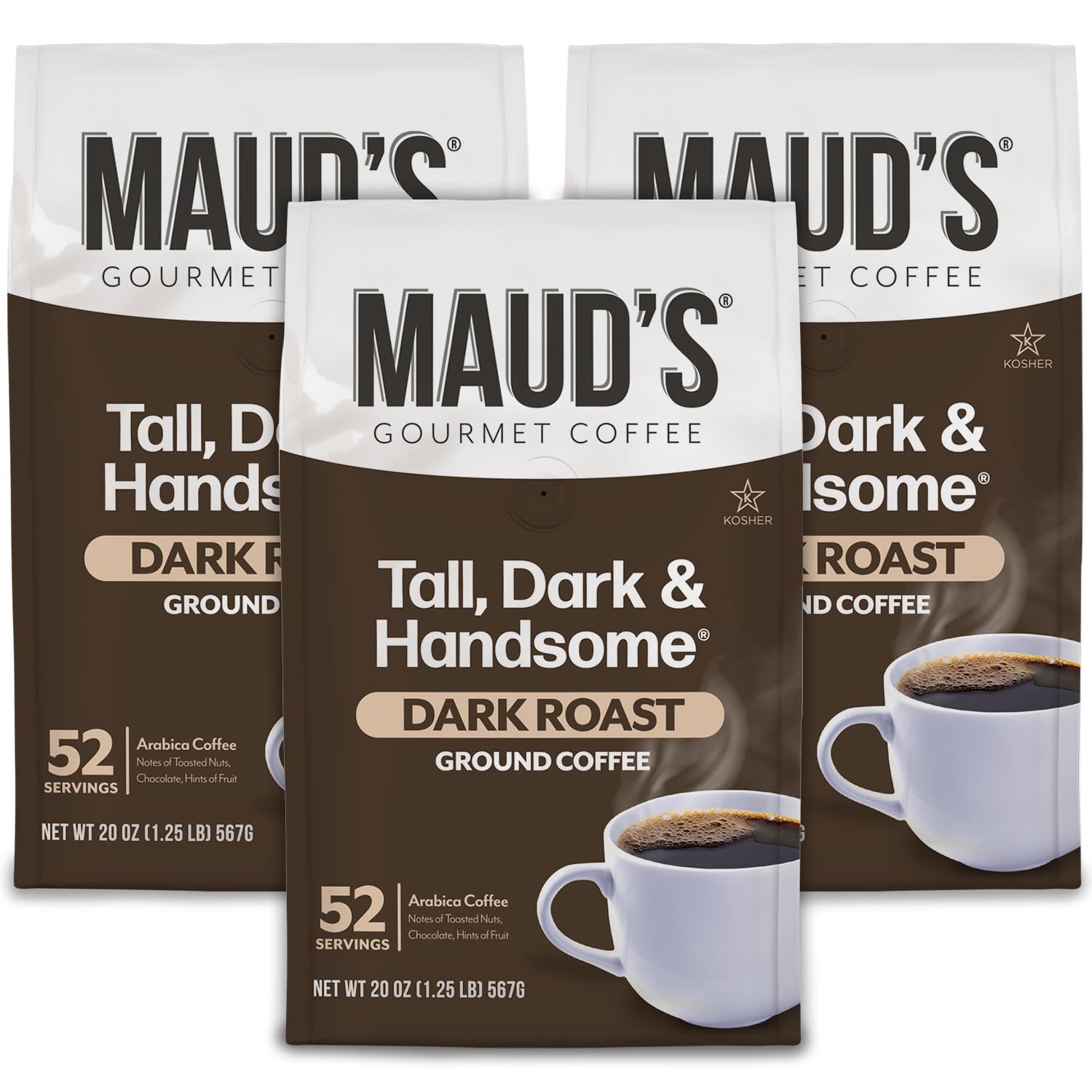 Maud's Dark Roast Ground Coffee, 3 Bags, (60oz), 100% Arabica Coffee, 156 Servings