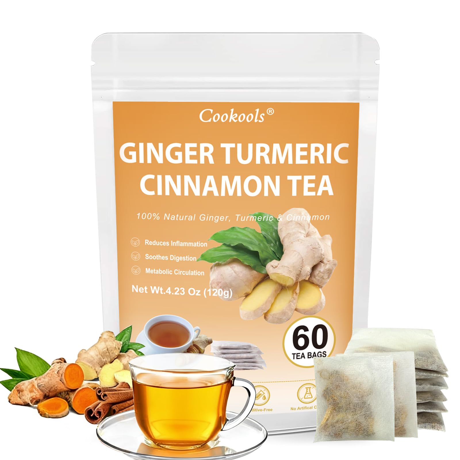 Ginger Turmeric Tea 2g x 60 Teabags | 100% Golden Blend for Wellness | Powerful Antioxidant & Natural Digestion Metabolism Support | Warming