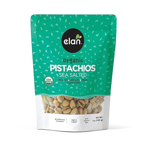 Elan Organic Sea Salted Pistachios, 5.1 oz, In Shell, Salted with Sea Salt, Lightly Roasted, Naturally Open, Non-GMO, Vegan, Gluten-Free, Kosher
