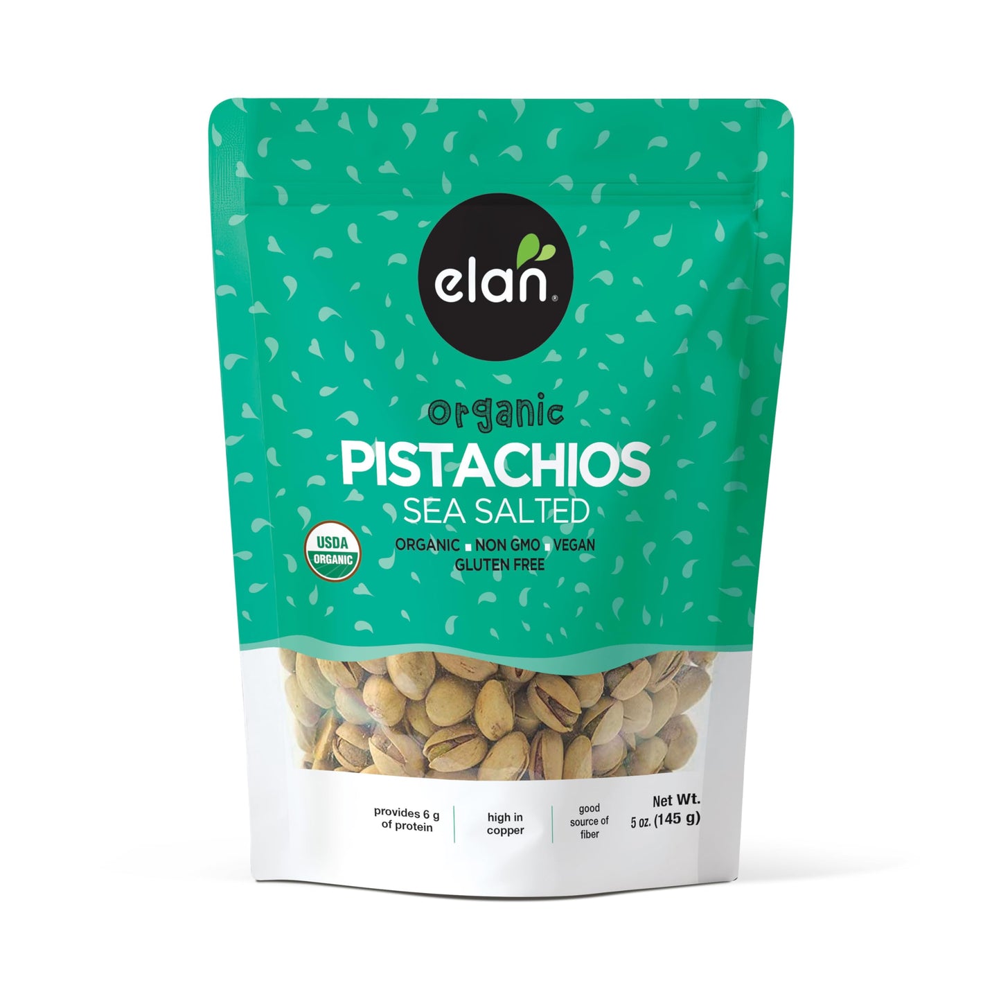 Elan Organic Sea Salted Pistachios, 5.1 oz, In Shell, Salted with Sea Salt, Lightly Roasted, Naturally Open, Non-GMO, Vegan, Gluten-Free, Kosher