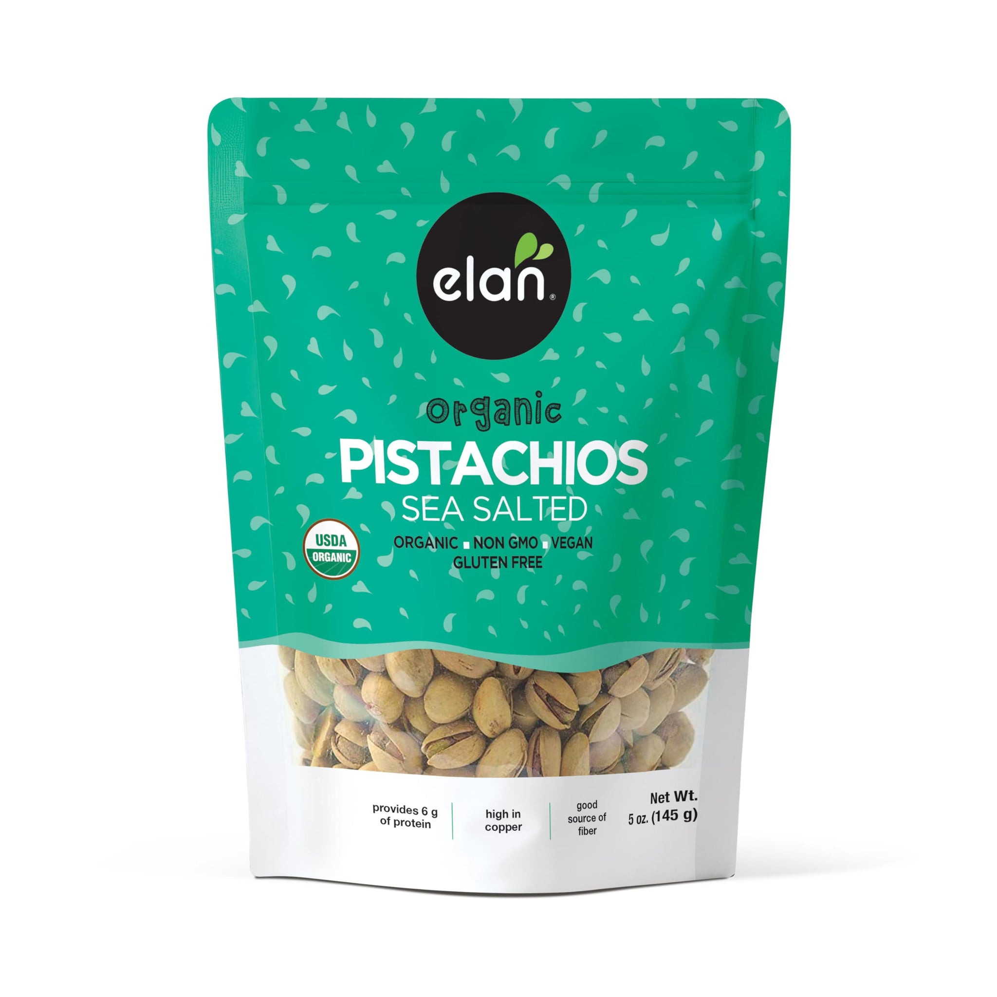 Elan Organic Sea Salted Pistachios, 5.1 oz, In Shell, Salted with Sea Salt, Lightly Roasted, Naturally Open, Non-GMO, Vegan, Gluten-Free, Kosher
