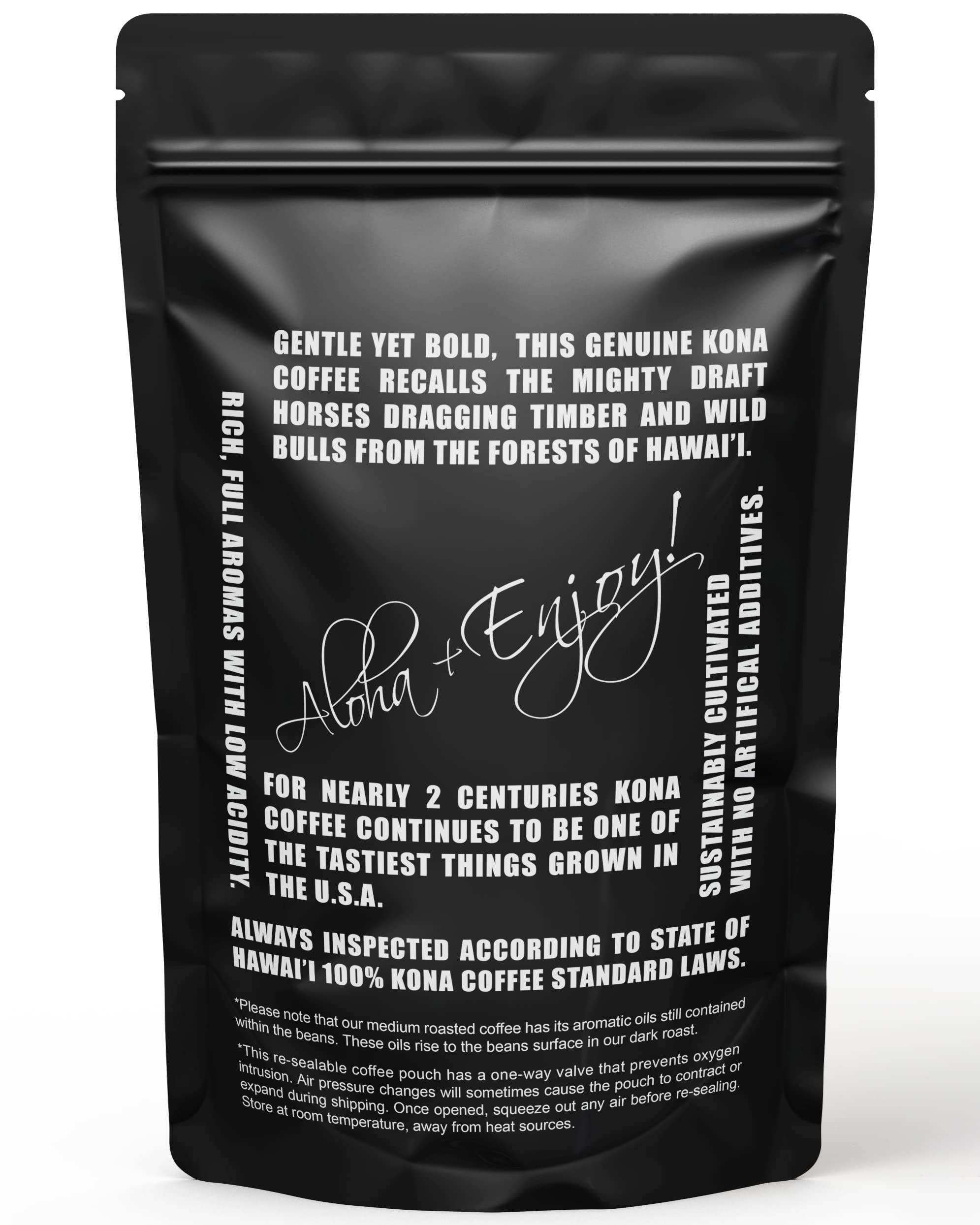 Blue Horse 100% Kona Coffee, Dark Roast Ground Arabica, 16 oz (1 lb) Bag. Farm Fresh Hawaiian Coffee, Smooth & Bold Flavor, Hand-Picked & Sun-Dried