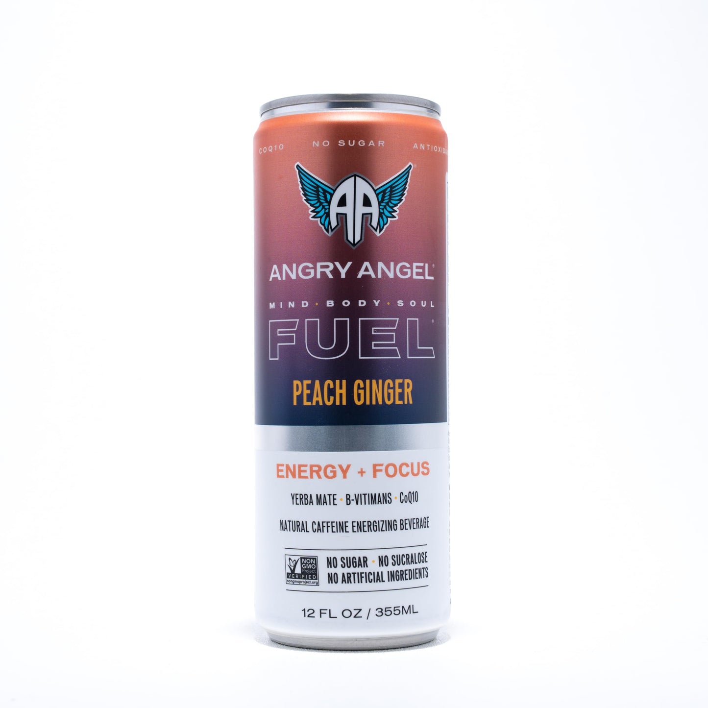 Angry Angel Peach Ginger Natural Energy + Focus Drink (12 count) - Zero Sugar - Natural Caffeine from Yerba Mate - CoQ10 - B Vitamins - 12 oz Cans