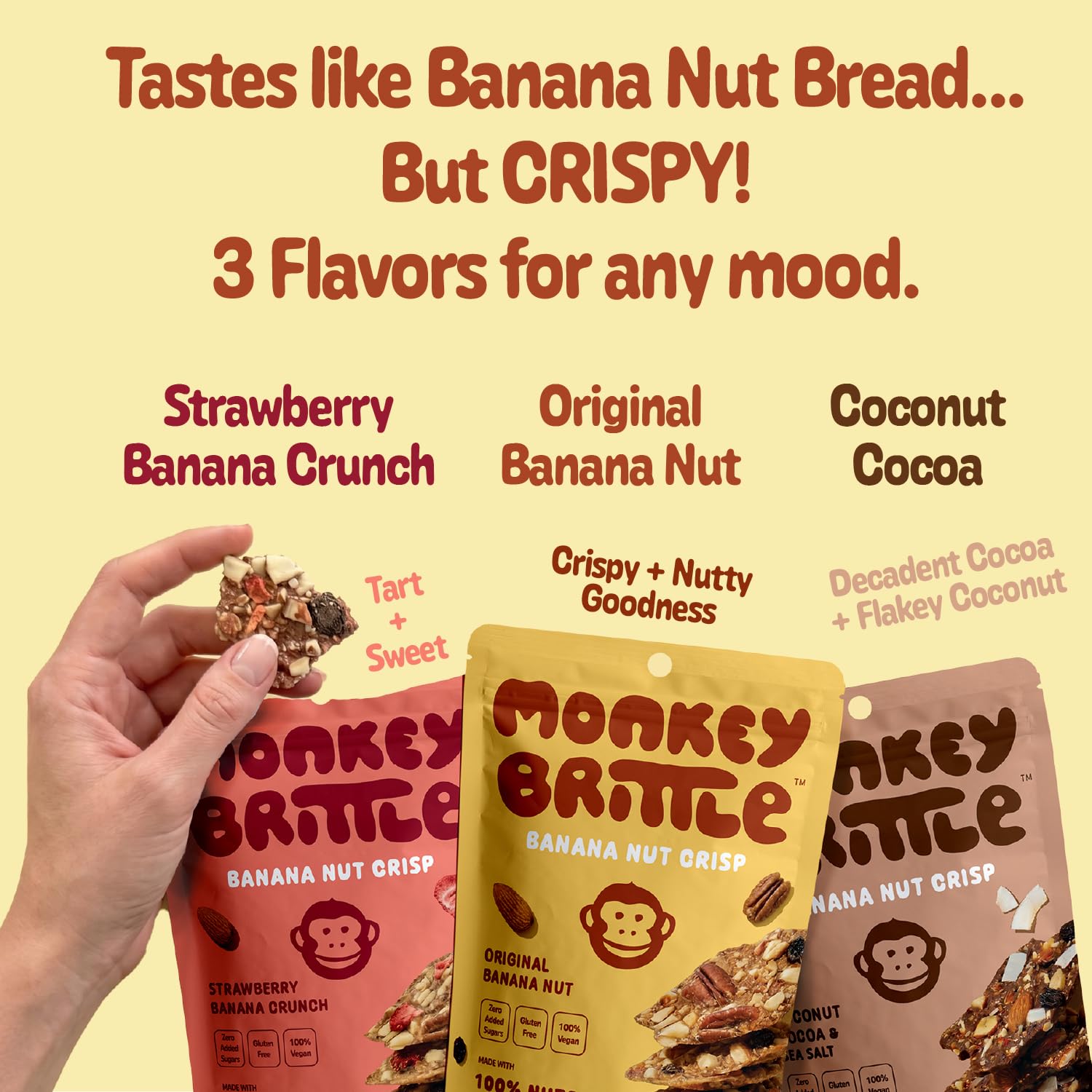 Monkey Brittle Healthy Snacks, Crispy Plant-Based Treats for Kids & Adults, Vegan & Gluten-Free, All-Natural Snack for School, Sports, Camping