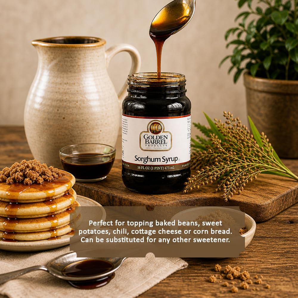 Golden Barrel Pure Sorghum Syrup - 16oz Jar of USA-Sourced Sweet Sorghum Syrup Rich in Iron - Natural Sweetener & Molasses Alternative for Pancakes, Oatmeal, Baking, Barbecue, & Cooking