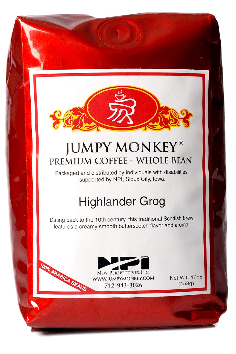 Jumpy Monkey® Coffee Highlander Grog Butterscotch Blend - Medium Roast, Flavored Coffee, 100% Arabica, Whole Bean, For Cold Brew, French Press, 16