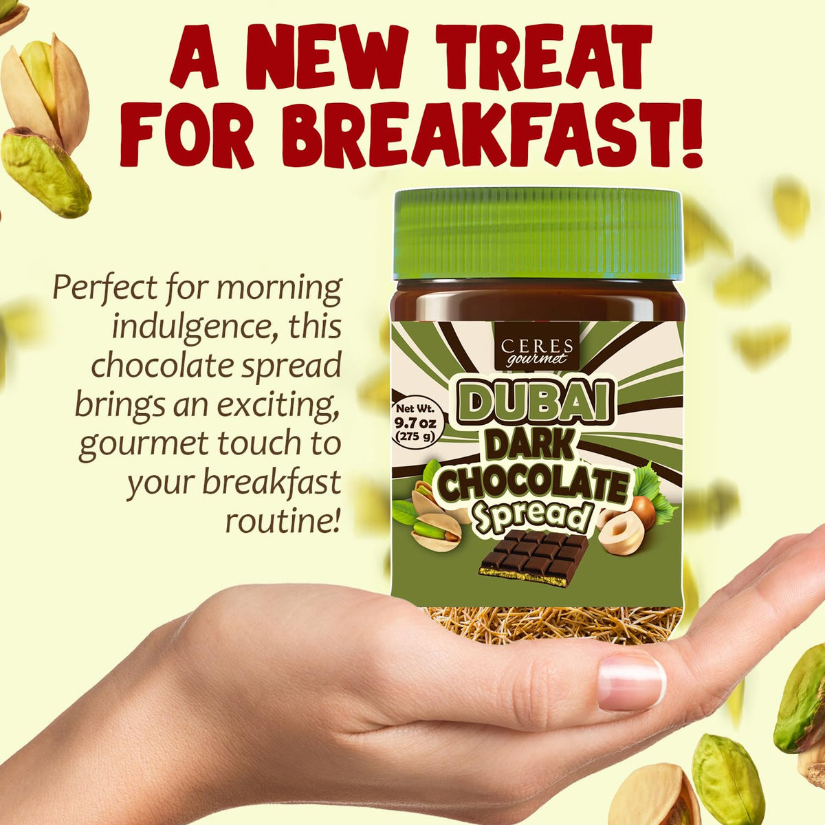 Dubai Dark Chocolate Spread 9.7 oz Jar with Pistachio Cream, Crispy Kataifi