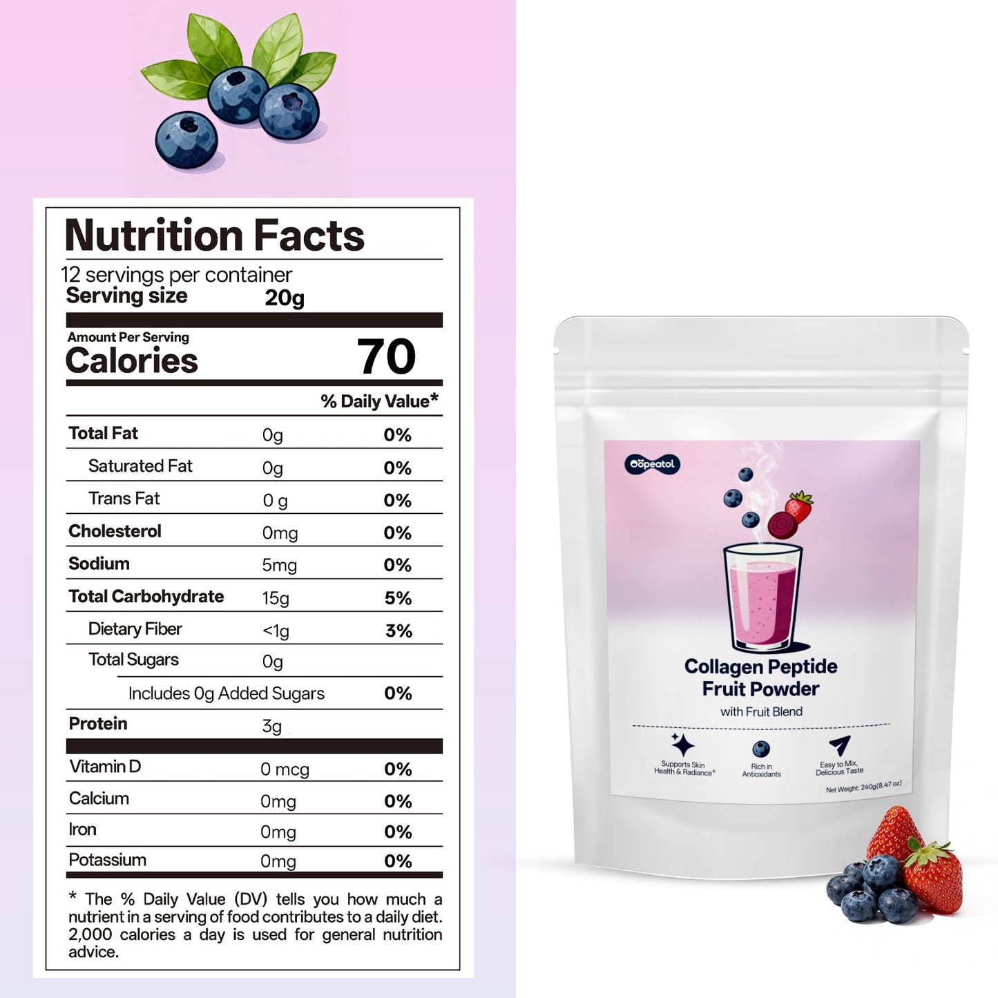 Oopeatol Collageno Peptides Powder with Blueberries & Hyaluronic Acid | Supports Healthy Hair, Skin & Nails | Antioxidant & Moisturizing Daily Beauty
