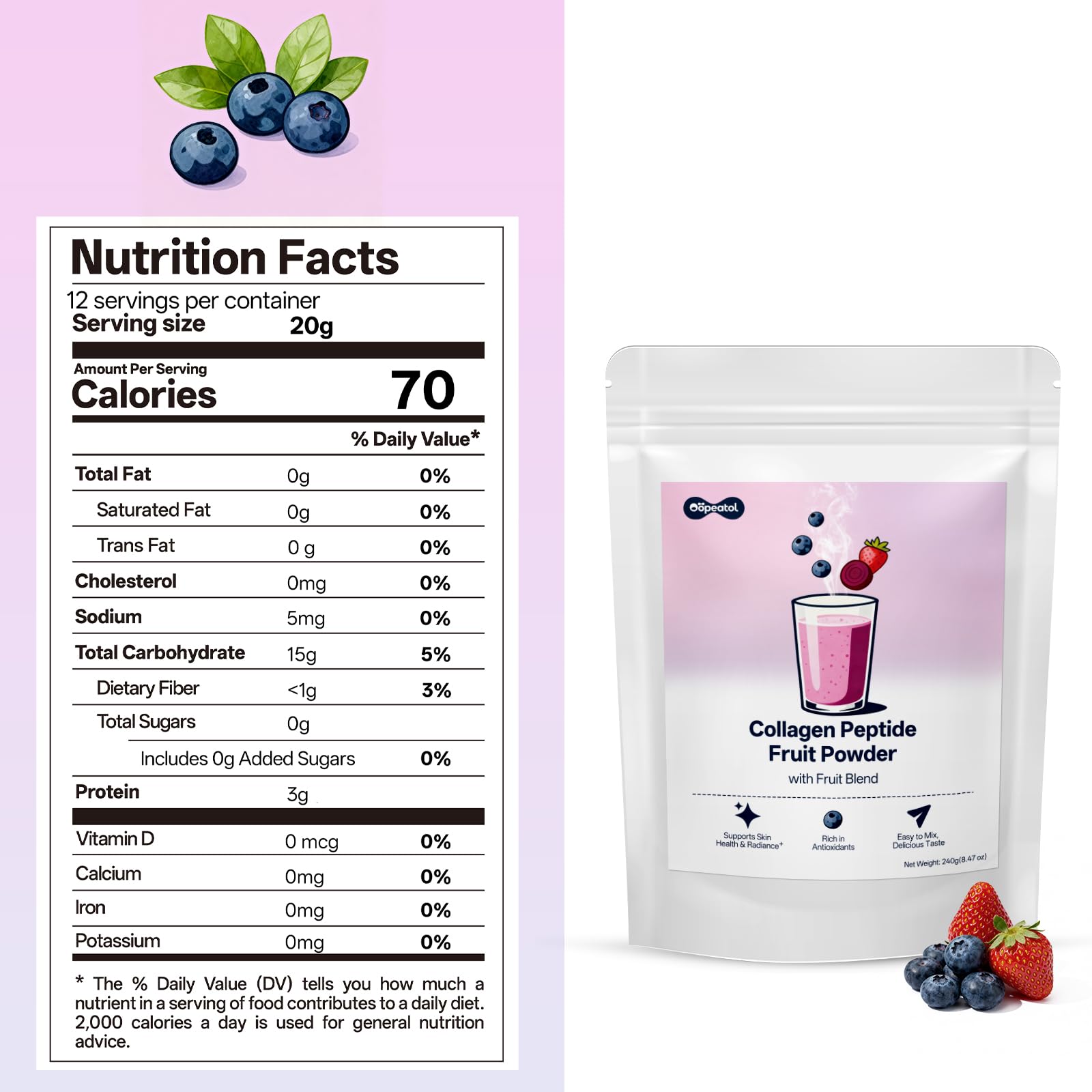 Oopeatol Collageno Peptides Powder with Blueberries & Hyaluronic Acid | Supports Healthy Hair, Skin & Nails | Antioxidant & Moisturizing Daily Beauty