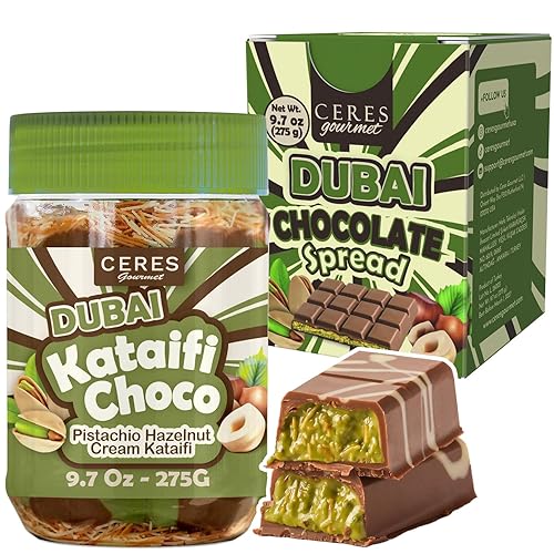 Ceres Gourmet Dubai Spreadable Chocolate- Pistachio Spread with Roasted Phyllo Kataifi, Gourmet Breakfast Choco, Crunchy Dubai Filling (9.7 Oz)