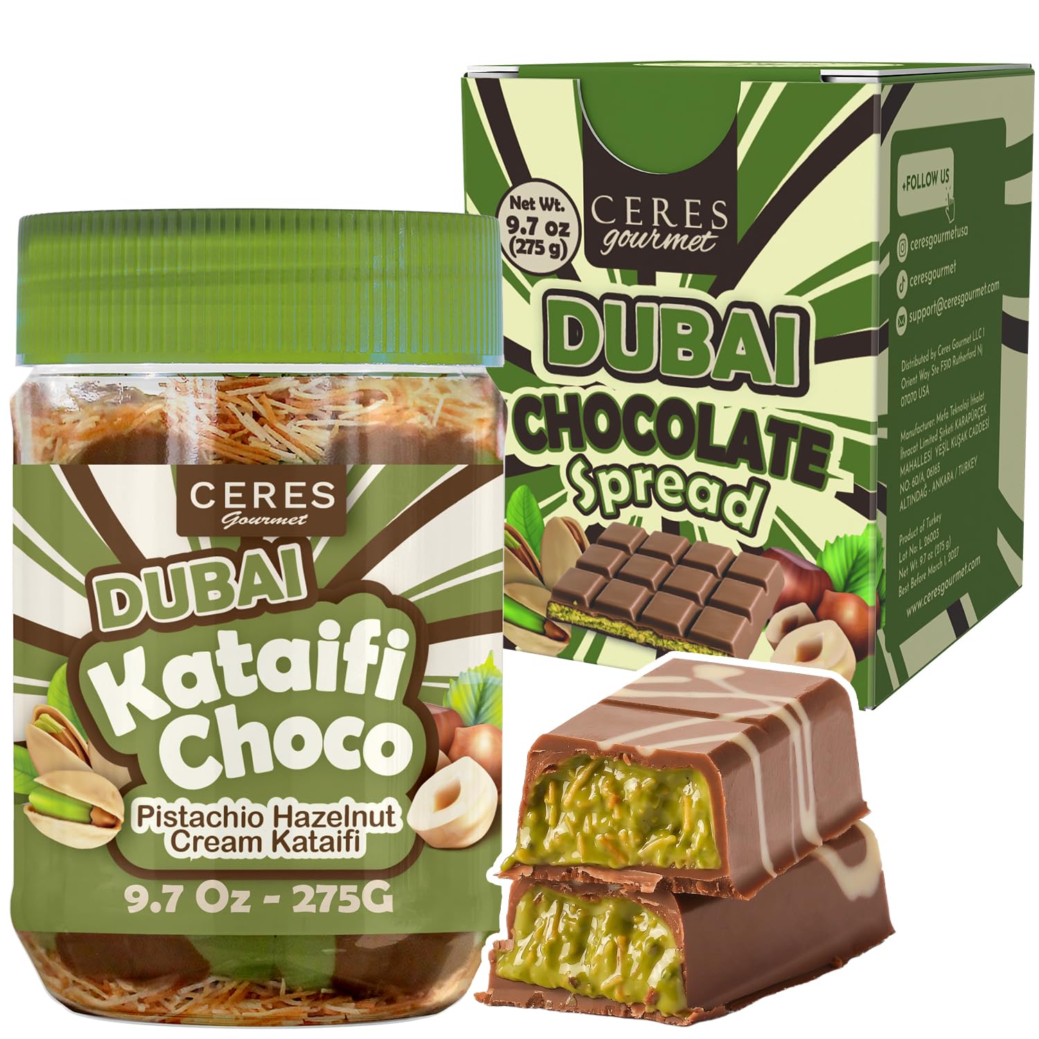 Ceres Gourmet Dubai Spreadable Chocolate- Pistachio Spread with Roasted Phyllo Kataifi, Gourmet Breakfast Choco, Crunchy Dubai Filling (9.7 Oz)