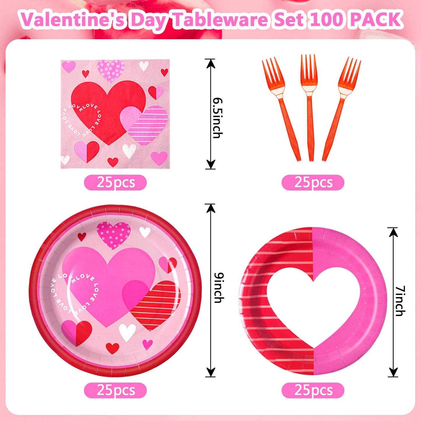 Dereinwo 100PCS Valentines Day Paper Plates and Napkins, Disposable Party Supplies for Valentine's Day Party Decorations, Valentine's Textures Design