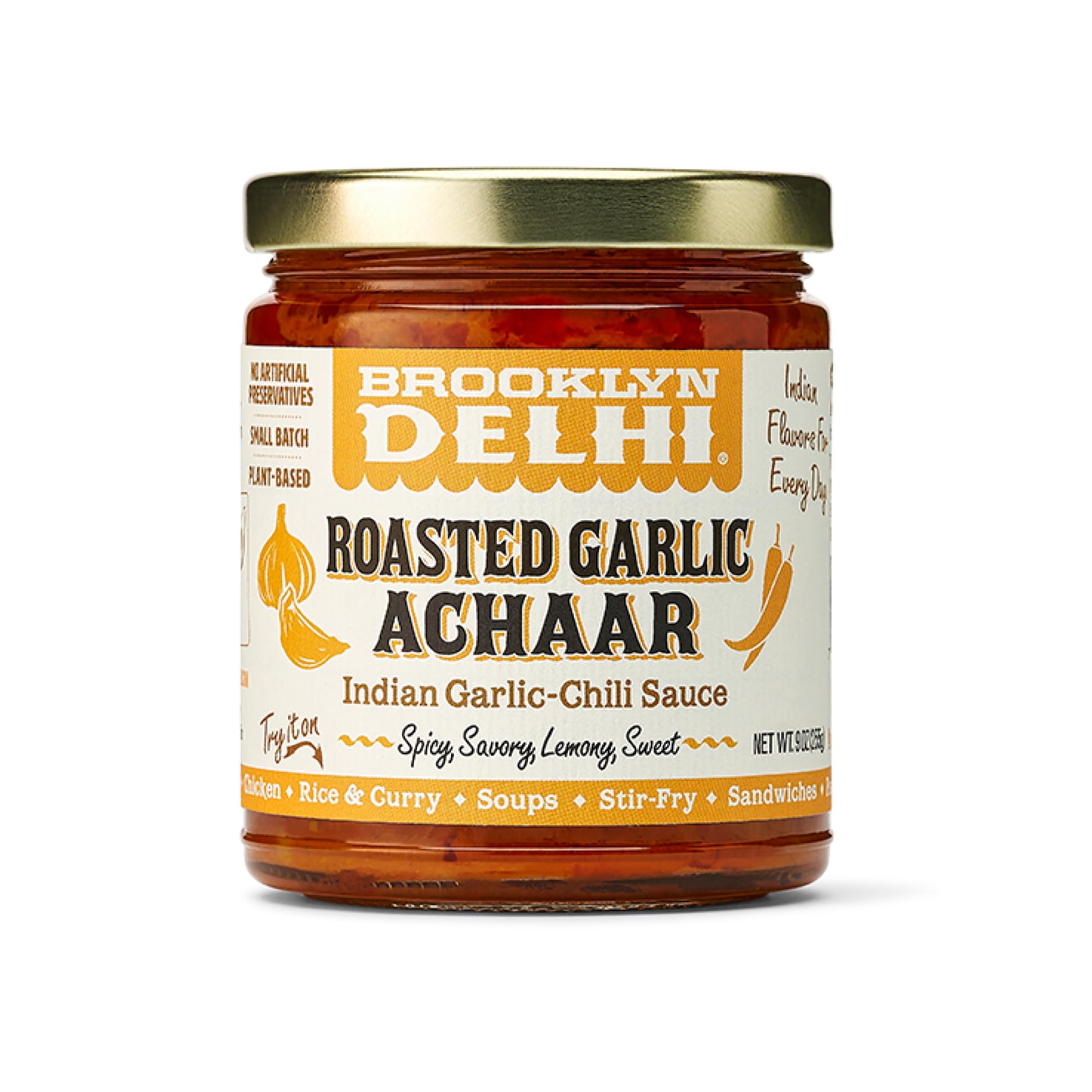 Brooklyn Delhi Roasted Garlic Achaar - 9 Ounces - Spicy, Lemony, Savory, Sweet Flavor - Made with a mix of Indian Spices, Red Chili Powder