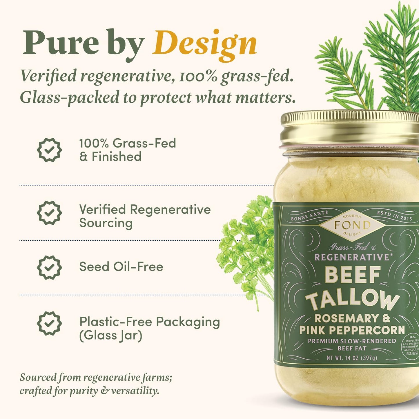 FOND Regenerative Grass-fed Beef Tallow (14 Ounce (Pack of 1), Rosemary & Pink Peppercorn)