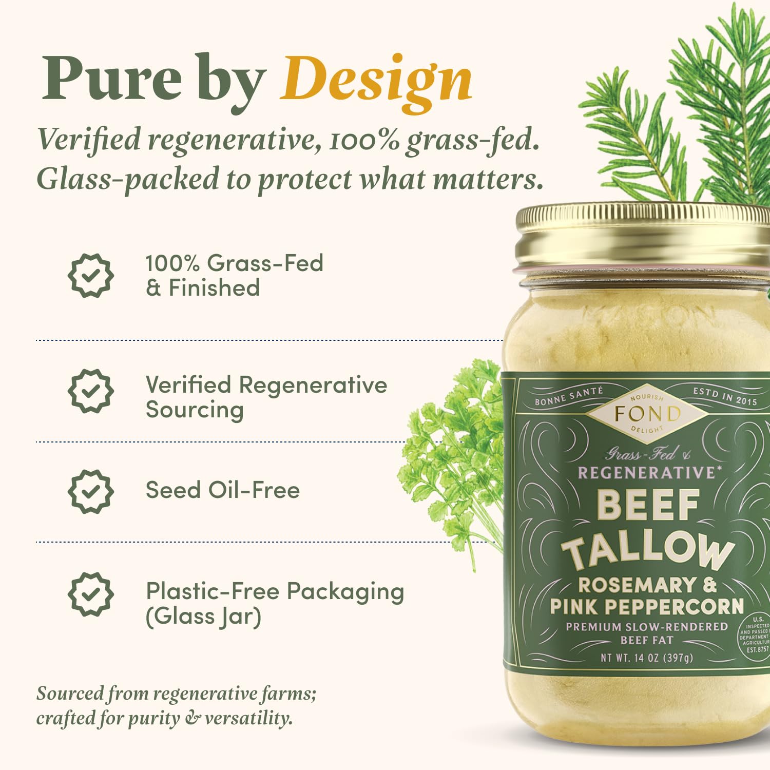 FOND Regenerative Grass-fed Beef Tallow (14 Ounce (Pack of 1), Rosemary & Pink Peppercorn)