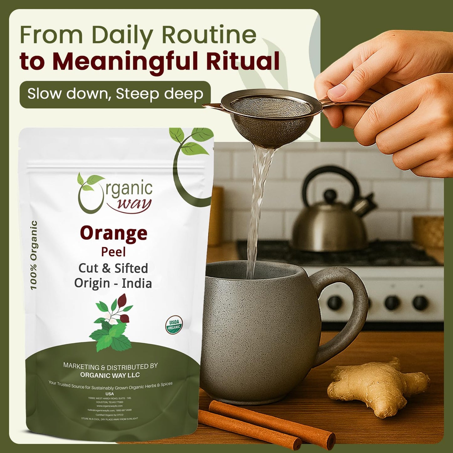 Organic Way Dried Orange Peel Cut & Sifted (Citrus sinensis) - Pure, Single Ingredient Herbal Tea | Organic & Kosher Certified | Vegan, Non GMO
