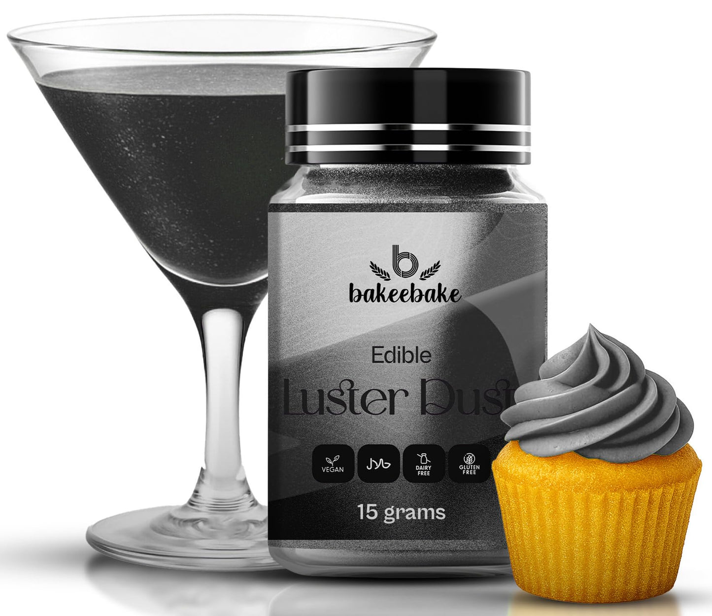 Bakeebake Luster Dust Edible 15g - Edible Glitter for Drinks & Desserts - Gluten Free Edible Black Dust for Cake Decorating - Tasteless Vegan Drink