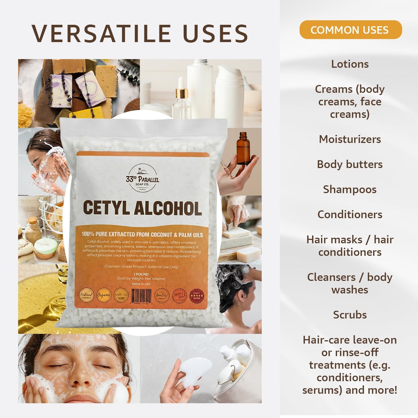 Cetyl Alcohol NF Grade (2 lbs / 32 oz) 100% Pure Extracted from Coconut & Palm Oils. Premium Granules Cetyl Alcohol for Lotion Making, Creams, Scrubs