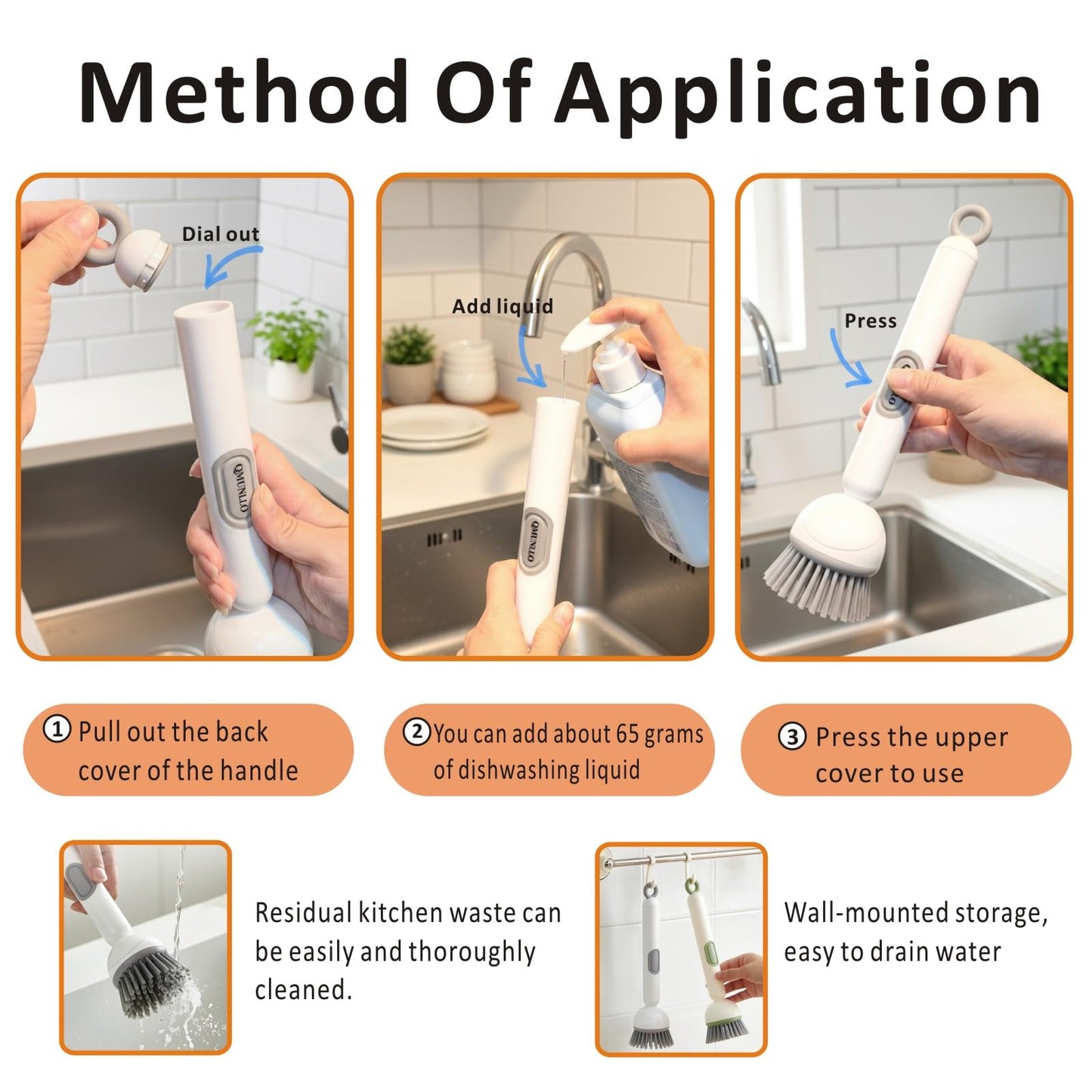 QMUNLLO 360° Rotating Dish Brush with Soap Dispenser, Non-Slip Long Handle Kitchen Scrubber Cleaning Set with Towel and Wall Hook, Ideal for Sink