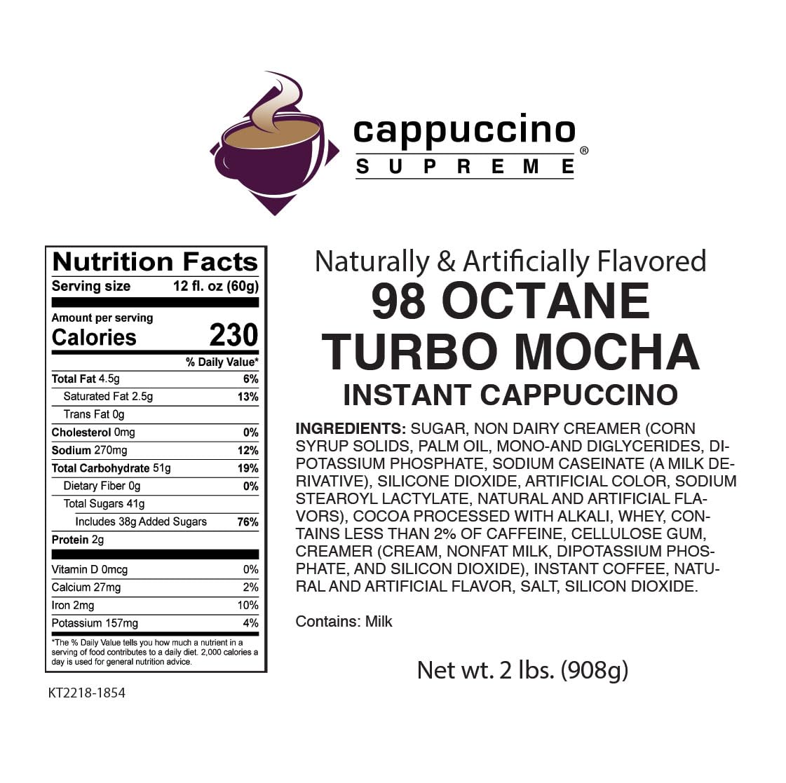 Cappuccino Supreme 2 lb bag 98 Octane Turbo Mocha Instant Cappuccino Mix