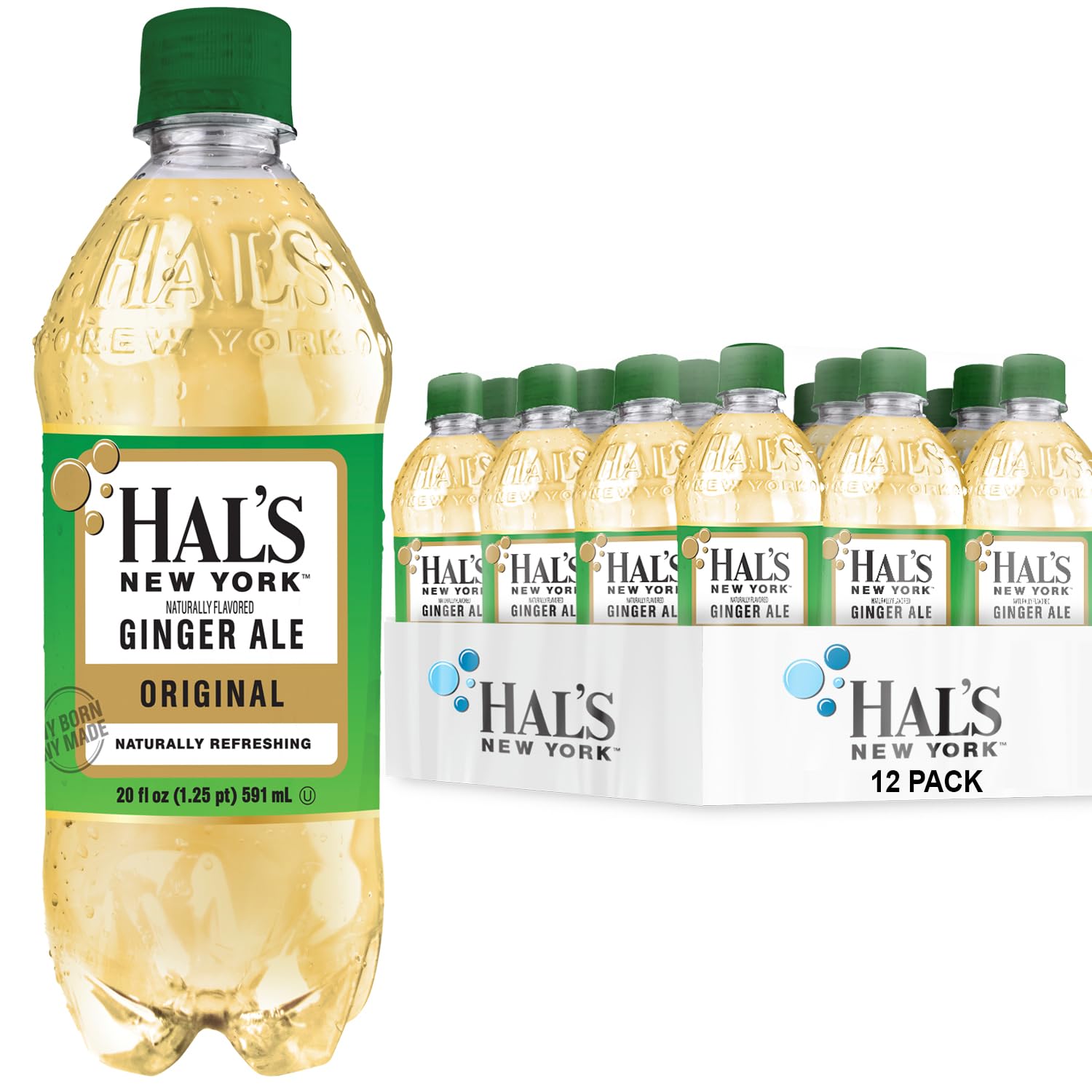 Hal's New York Seltzer Water, Ginger Ale Sparkling Water, 20 Fl Oz Bottles (Pack of 12)