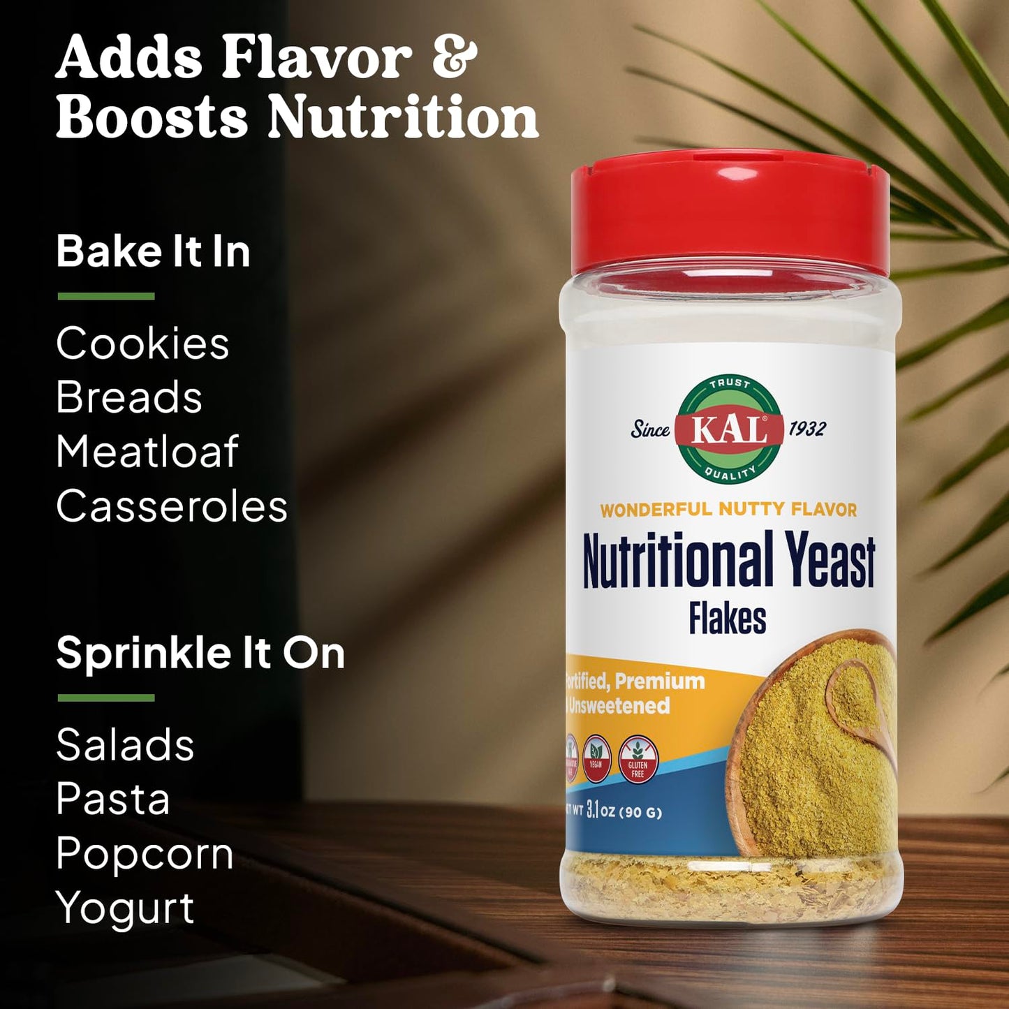 KAL Nutritional Yeast Flakes, Fortified with B12, Folic Acid & Other B Vitamins, Unsweetened, Great Nutty Flavor, Vegan & Gluten Free, 60-Day Money