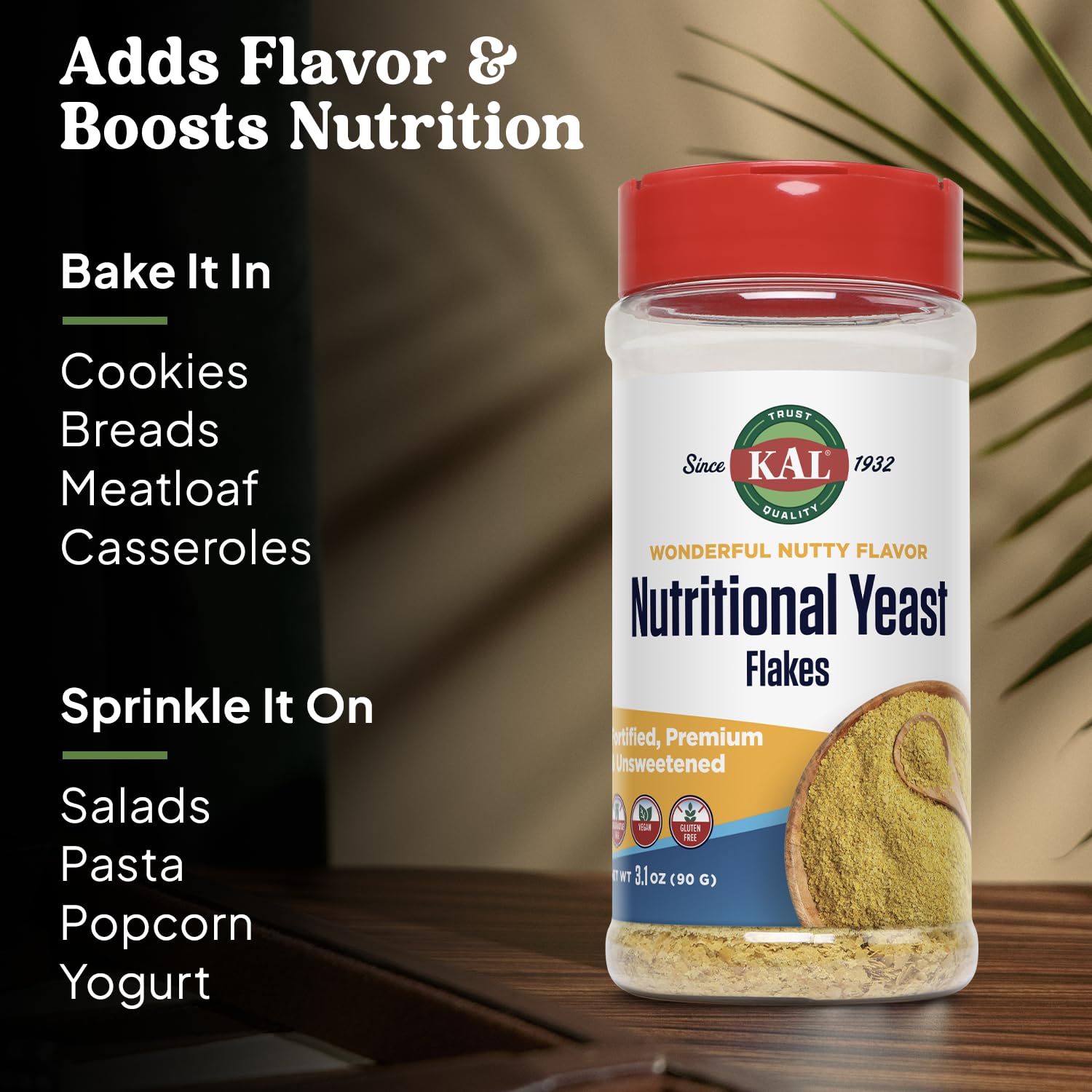 KAL Nutritional Yeast Flakes, Fortified with B12, Folic Acid & Other B Vitamins, Unsweetened, Great Nutty Flavor, Vegan & Gluten Free, 60-Day Money