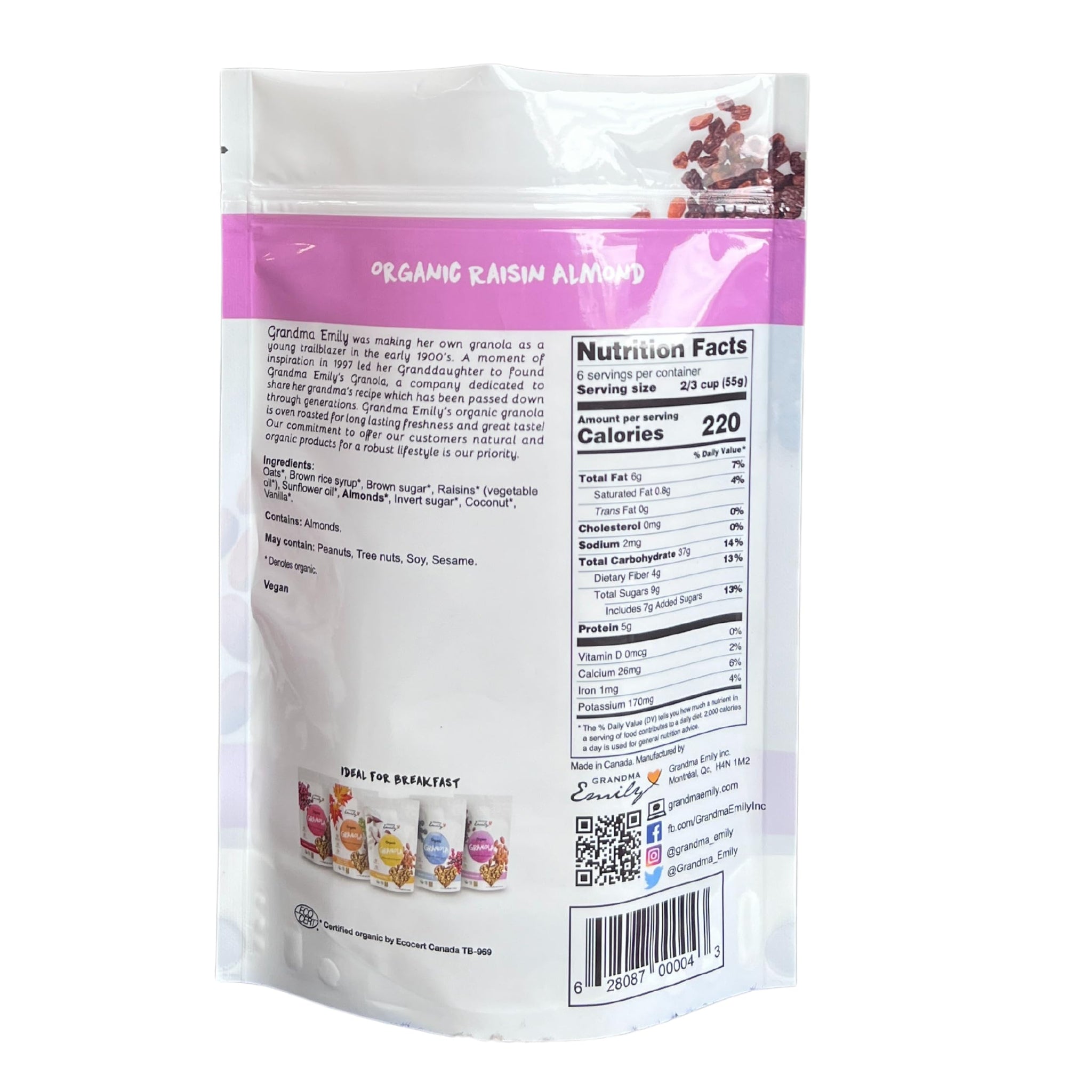 Grandma Emily Organic Raisin Almond Granola Breakfast Cereal with Raisins, Almonds and Toasted Coconut, 12 ounces