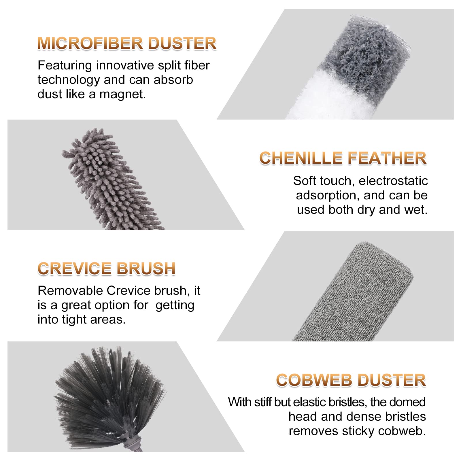 DEEHYO Microfiber Duster for Cleaning Fan, High Ceiling, Blinds, Furniture, Cars , 9PCS Extendable Feather Duster (Stainless Steel) 30 to 100 Inches