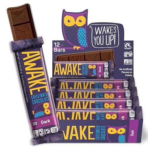 Awake Caffeinated Chocolate Bars - Dark Chocolate, 12 Bars - 100mg Caffeine - 1 Bar Equals 1 Cup of Coffee - Individually Wrapped Energy - Fairtrade