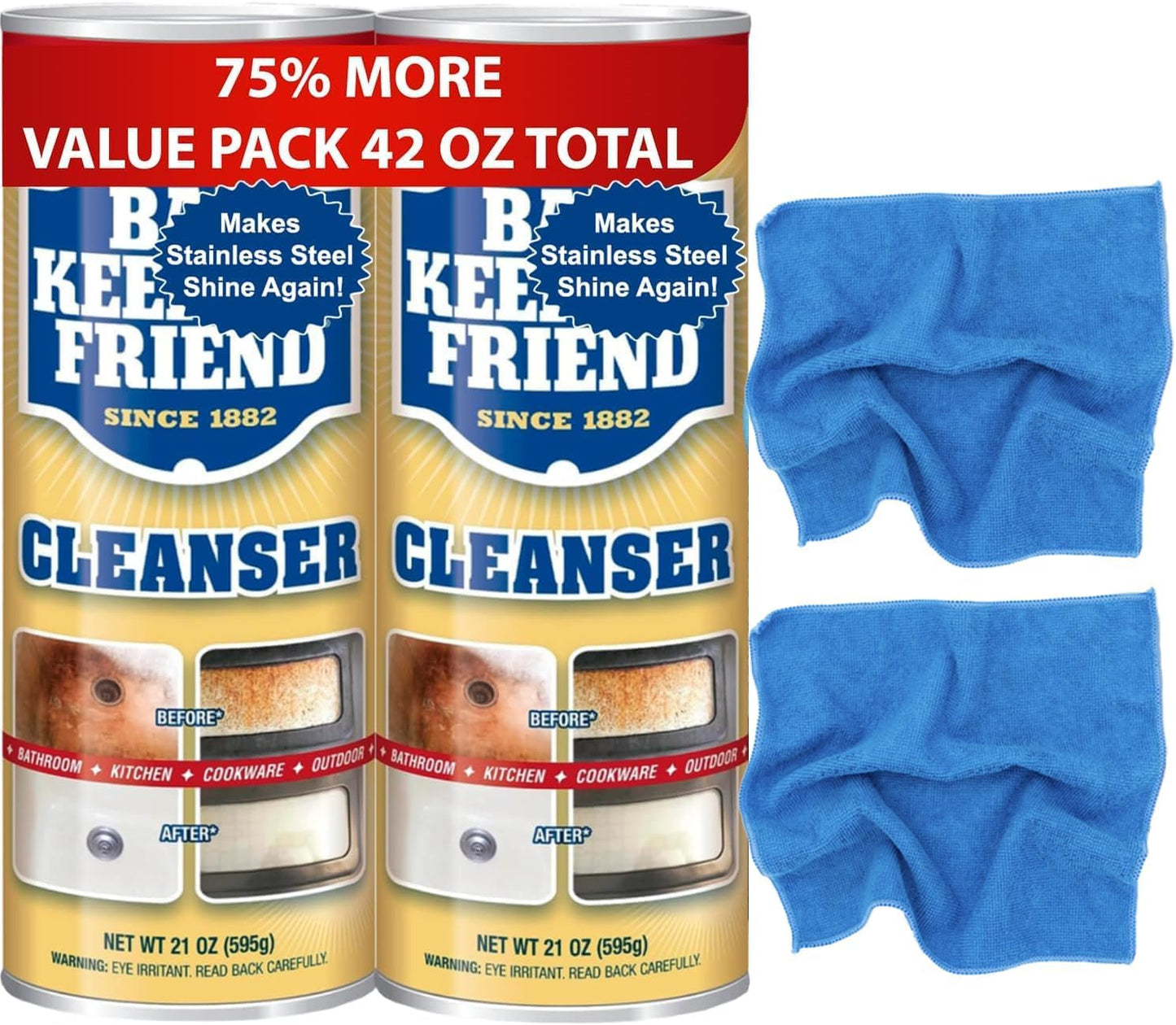 Bar-Keeper’s-Friend Cleanser and Polish Powder 21 oz (2 Pack) Multipurpose Cleaner, Rust Stain Remover + 2x Microfiber Cleaning Cloth